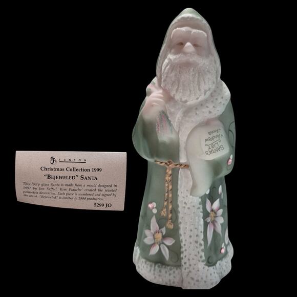 Fenton Glass Santa Figurine Limited Edition Signed Bejewled Green Holiday Decor - Picture 2 of 13